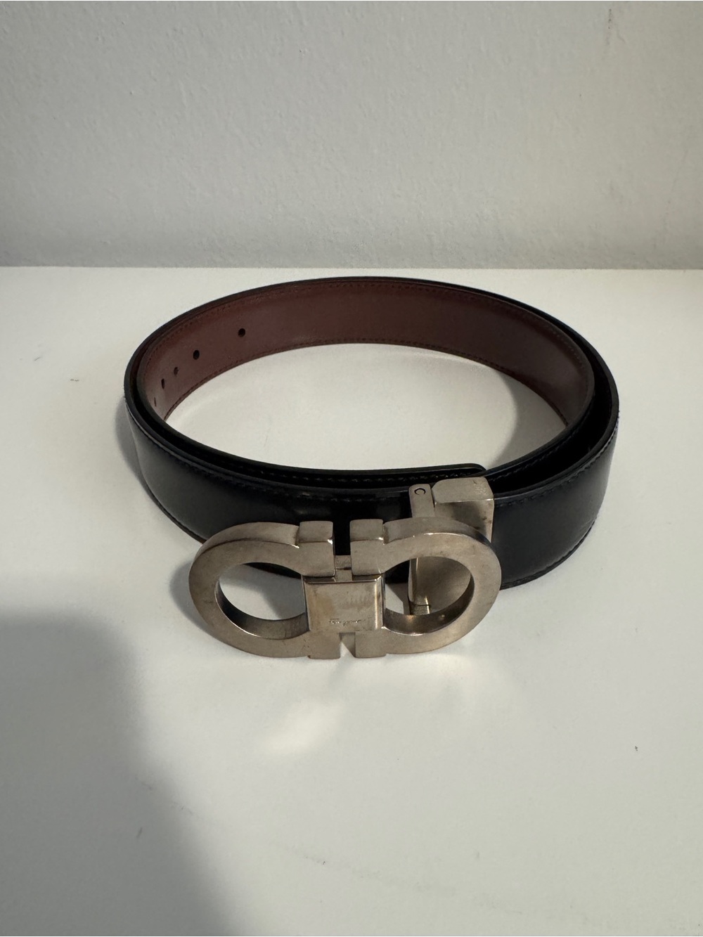 Salvatore Ferragamo Reversible Black/Brown Leather Belt w/Silver Gancini Buckle